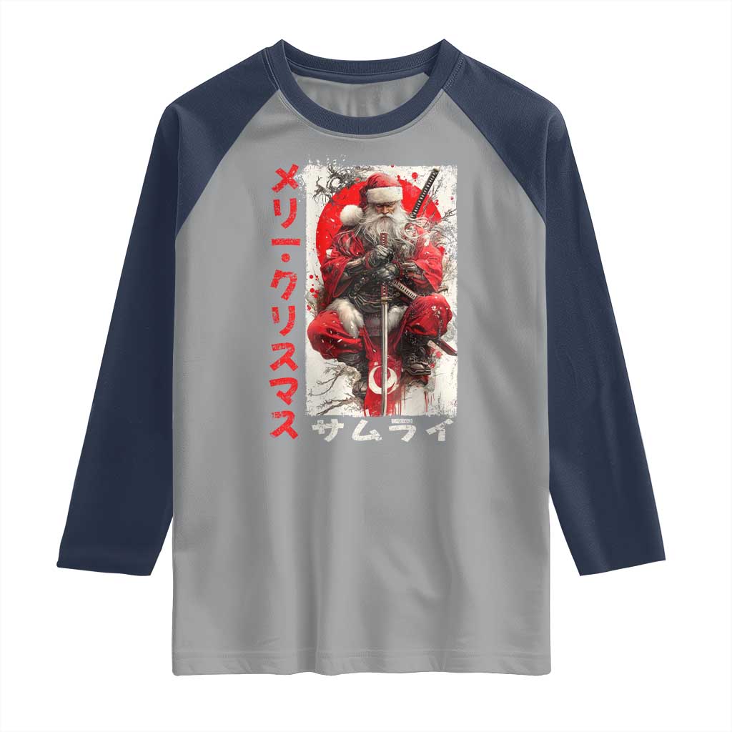 Christmas Samurai Santa Raglan Shirt Japanese Xmas Warrior Ukiyo-e Art TS11 Sport Gray Navy Print Your Wear