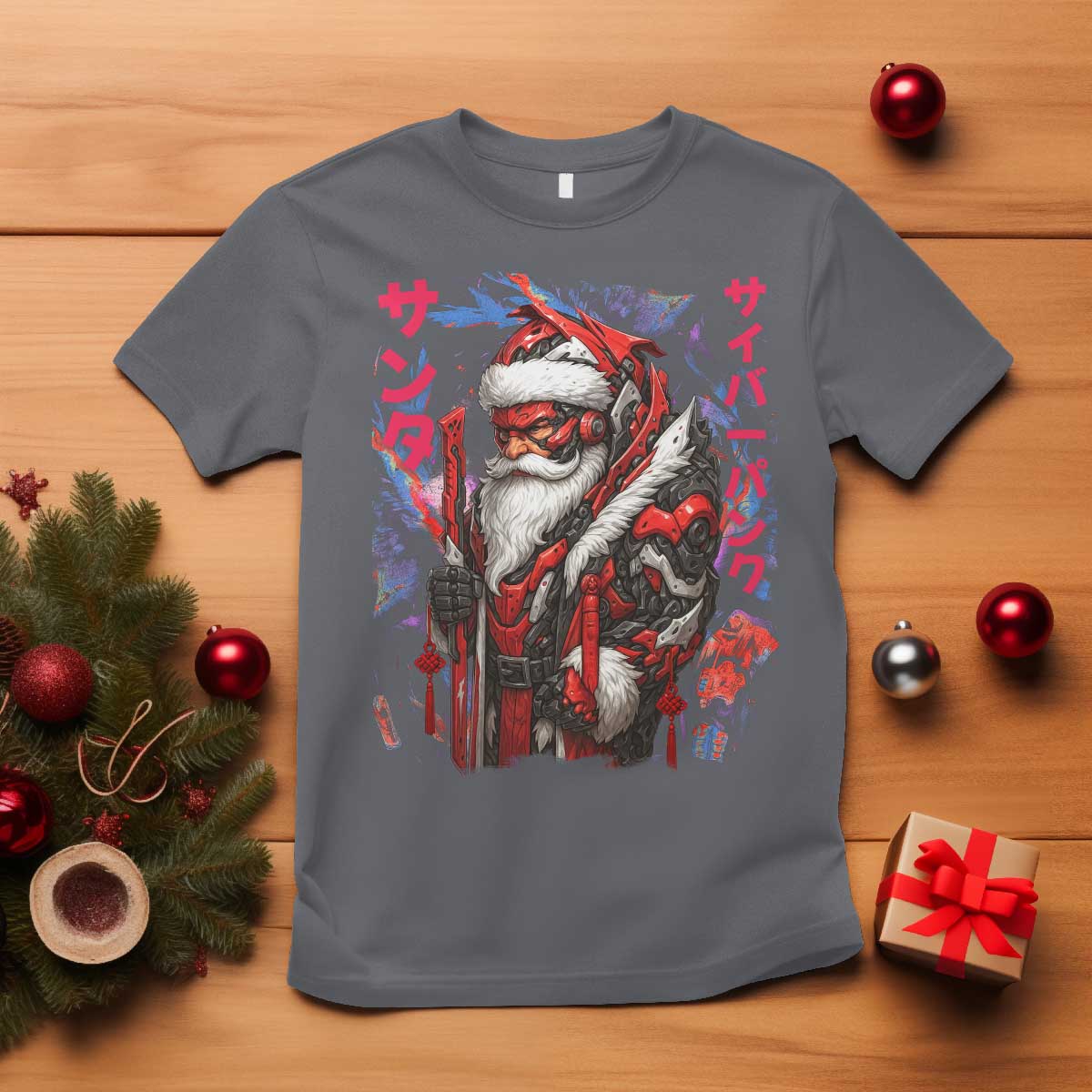 Christmas Cyberpunk Santa T Shirt Japanese Xmas Techwear Manga Anime TS11 Charcoal Print Your Wear