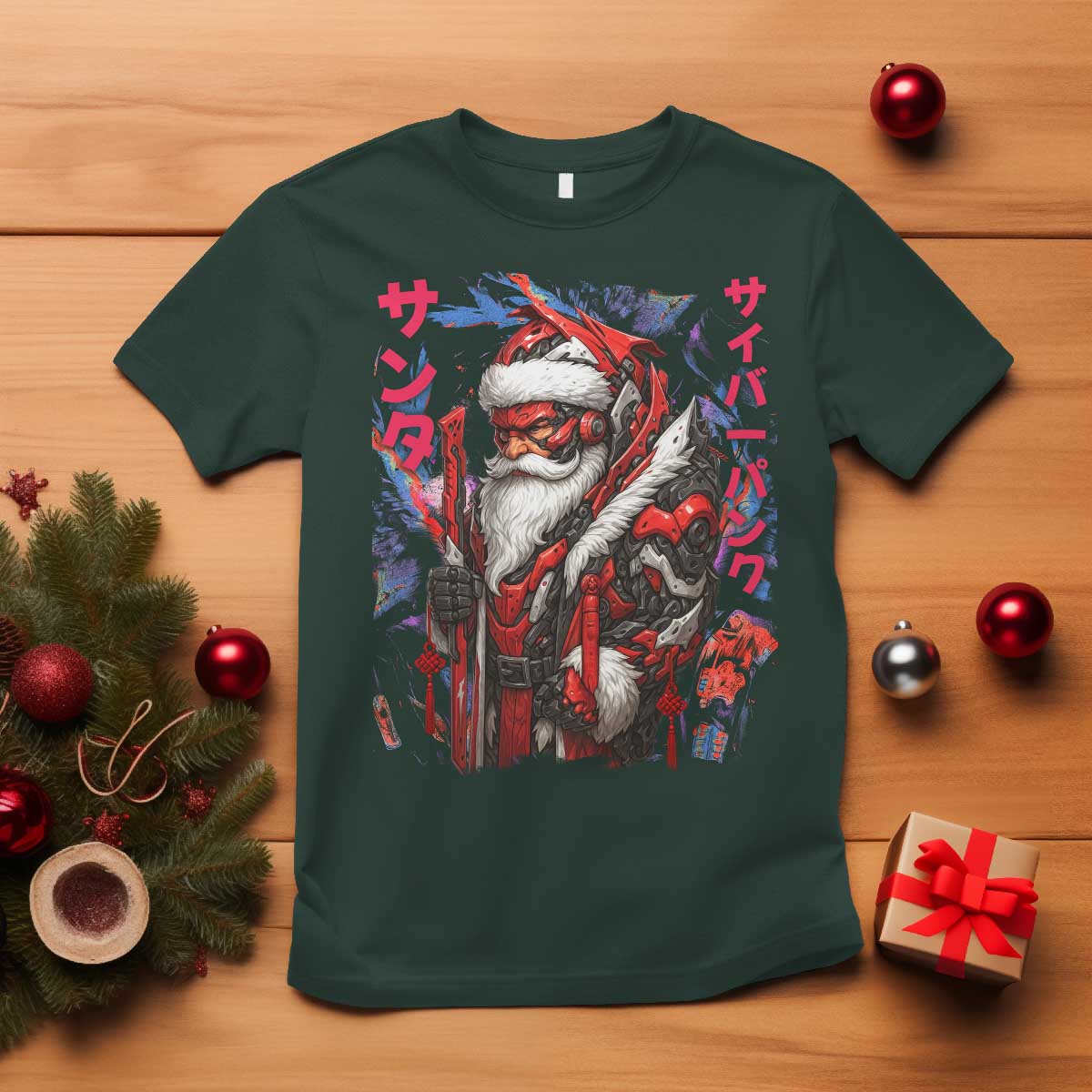 Christmas Cyberpunk Santa T Shirt Japanese Xmas Techwear Manga Anime TS11 Dark Forest Green Print Your Wear