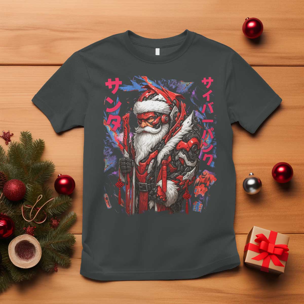 Christmas Cyberpunk Santa T Shirt Japanese Xmas Techwear Manga Anime TS11 Dark Heather Print Your Wear