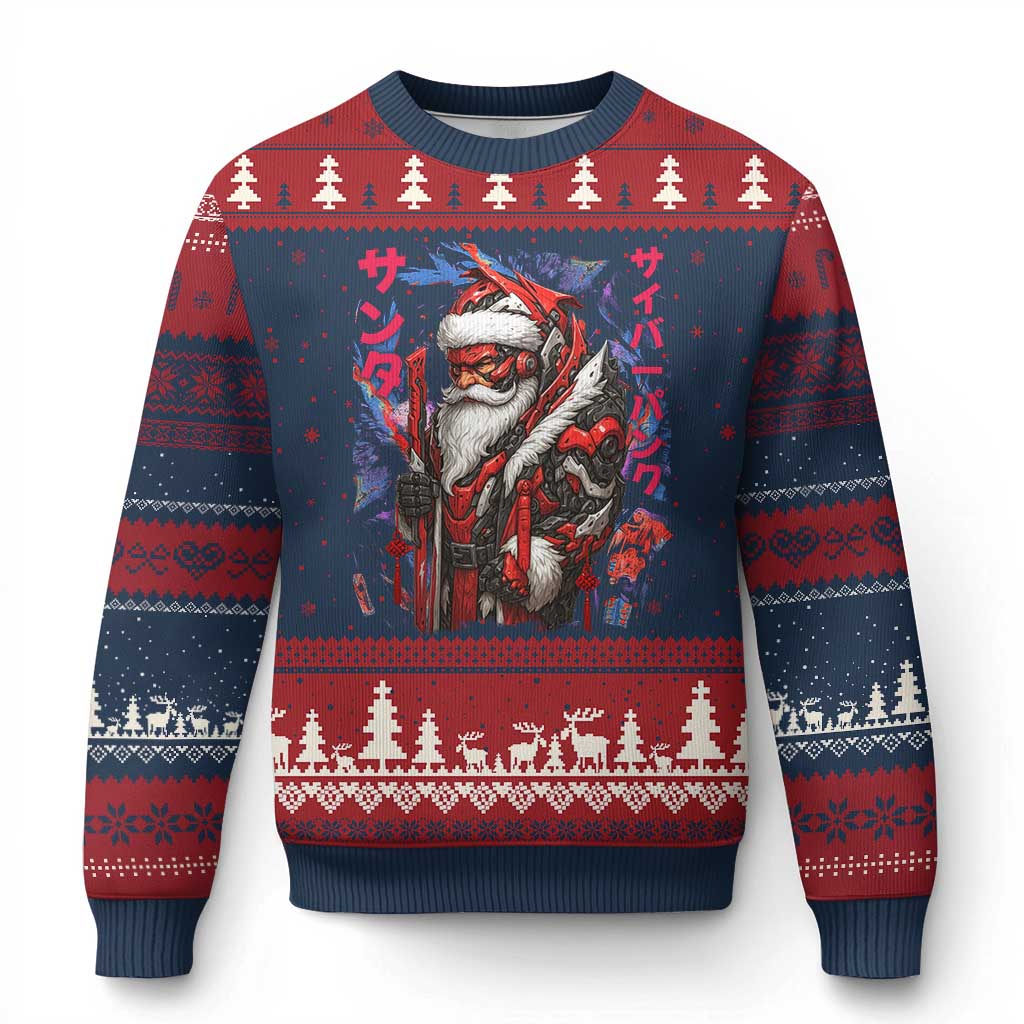 Xmas Cyberpunk Santa Ugly Christmas Sweater Japanese Xmas Techwear Manga Anime TS11 Navy Red Print Your Wear