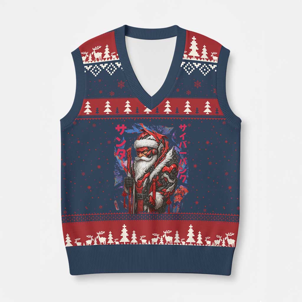 Xmas Cyberpunk Santa V-Neck Knit Sweater Vest Japanese Xmas Techwear Manga Anime TS11 Navy Red Print Your Wear
