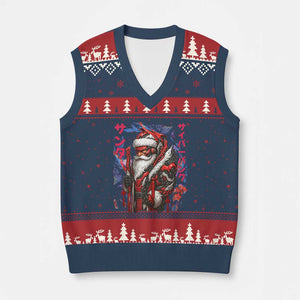 Xmas Cyberpunk Santa V-Neck Knit Sweater Vest Japanese Xmas Techwear Manga Anime TS11 Navy Red Print Your Wear