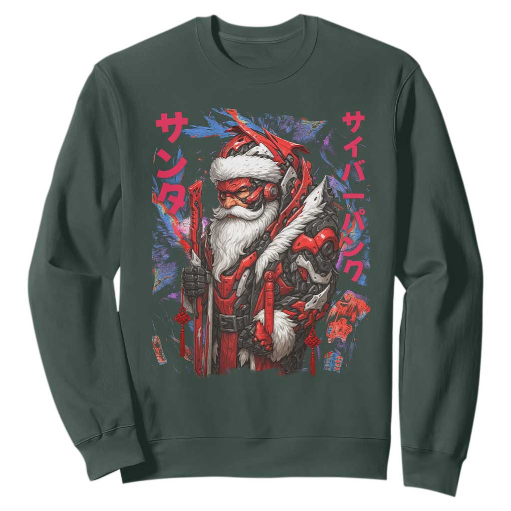 Christmas Cyberpunk Santa Sweatshirt Japanese Xmas Techwear Manga Anime TS11 Dark Forest Green Print Your Wear