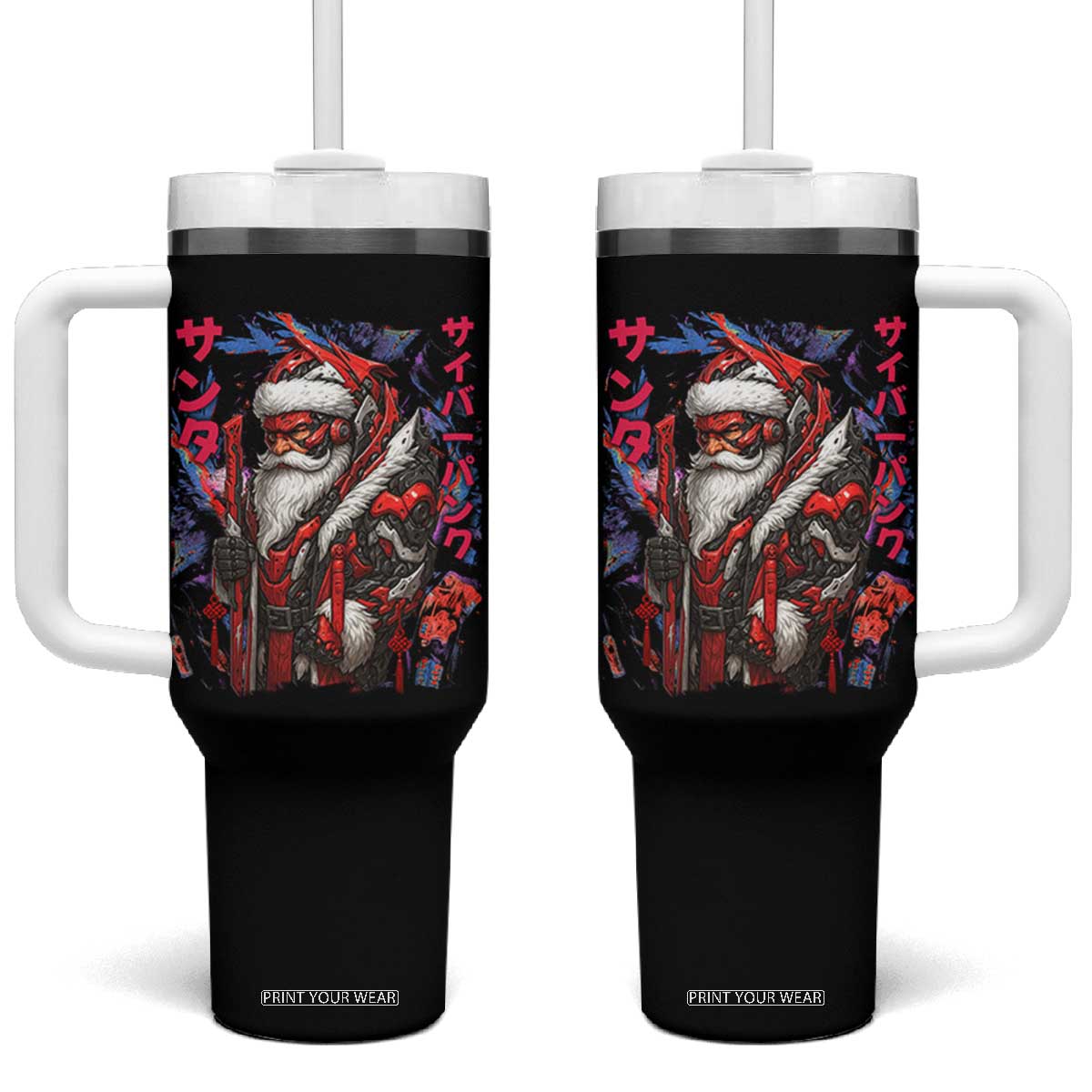 Christmas Cyberpunk Santa Tumbler With Handle Japanese Xmas Techwear Manga Anime TS11 One Size: 40 oz Black Print Your Wear