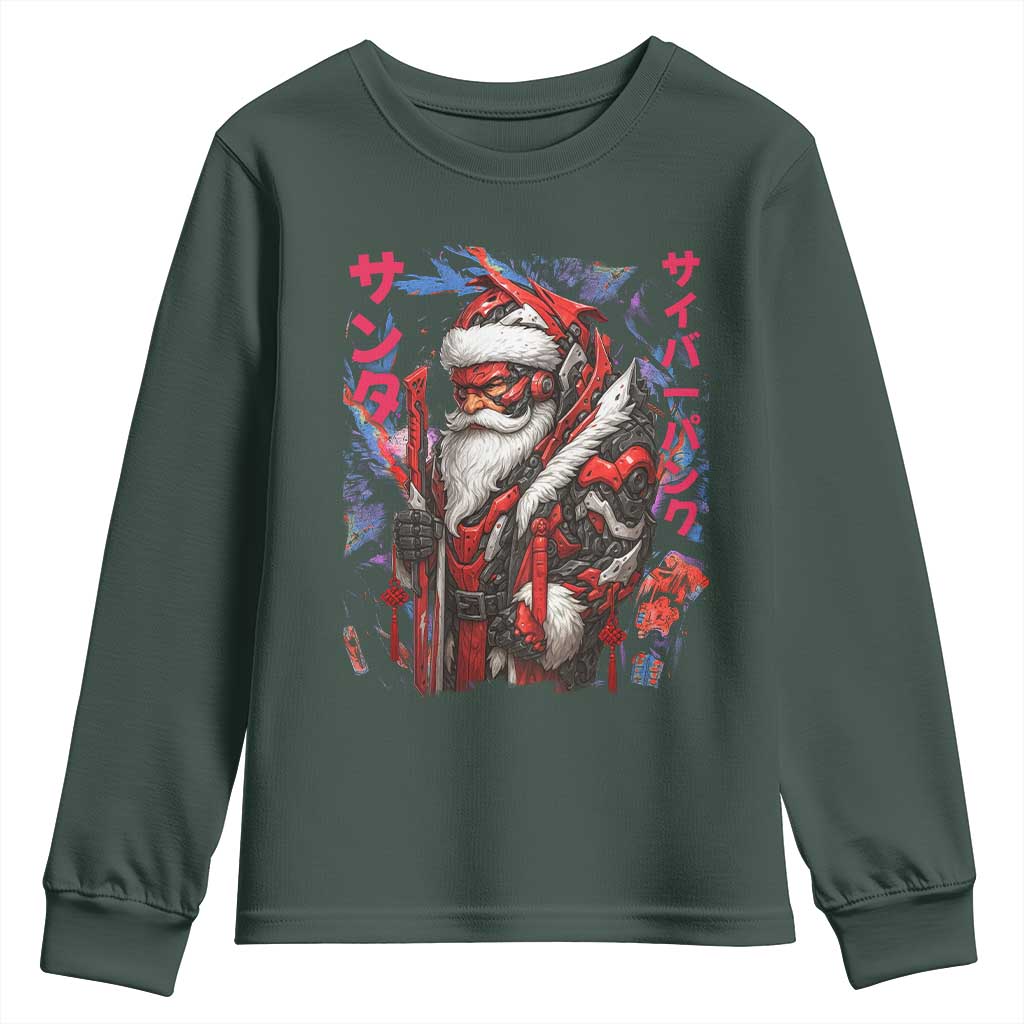 Christmas Cyberpunk Santa Youth Sweatshirt Japanese Xmas Techwear Manga Anime TS11 Dark Forest Green Print Your Wear