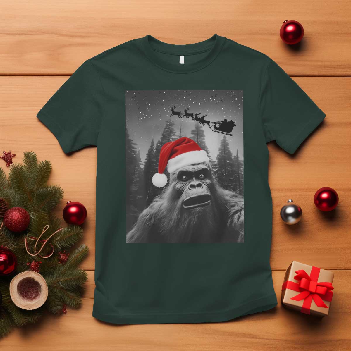 Funny Bigfoot Santas Sleigh Selfie Christmas T Shirt TS11 Dark Forest Green Print Your Wear