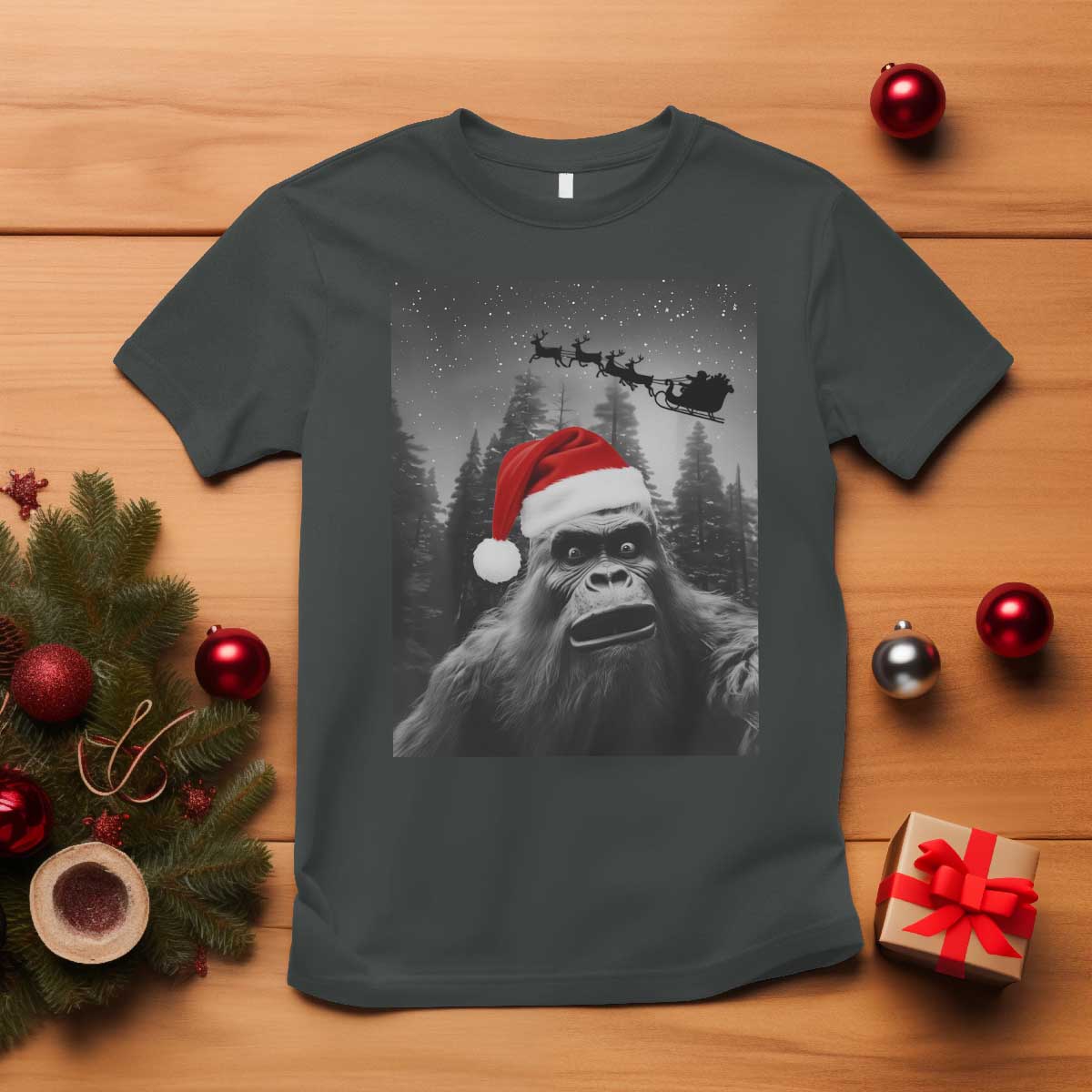 Funny Bigfoot Santas Sleigh Selfie Christmas T Shirt TS11 Dark Heather Print Your Wear
