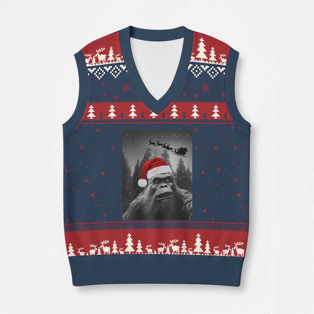 Funny Bigfoot Santas Sleigh Selfie Xmas V-Neck Knit Sweater Vest TS11 Navy Red Print Your Wear