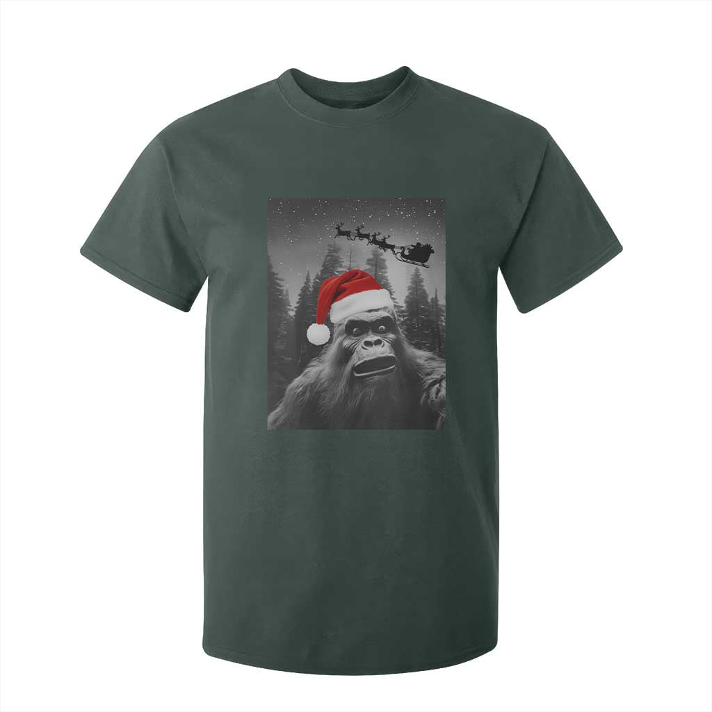 Funny Bigfoot Santas Sleigh Selfie Christmas T Shirt For Kid TS11 Dark Forest Green Print Your Wear