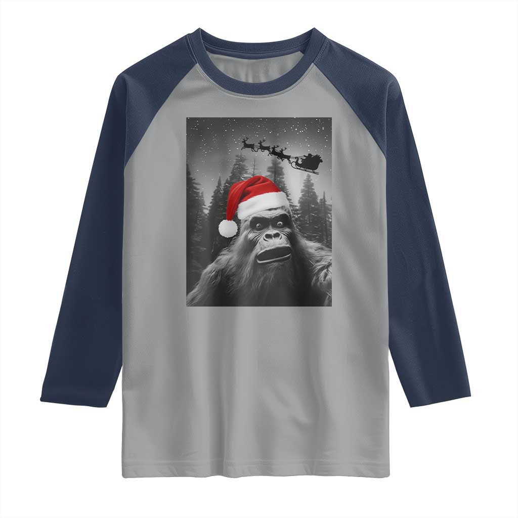 Funny Bigfoot Santas Sleigh Selfie Christmas Raglan Shirt TS11 Sport Gray Navy Print Your Wear