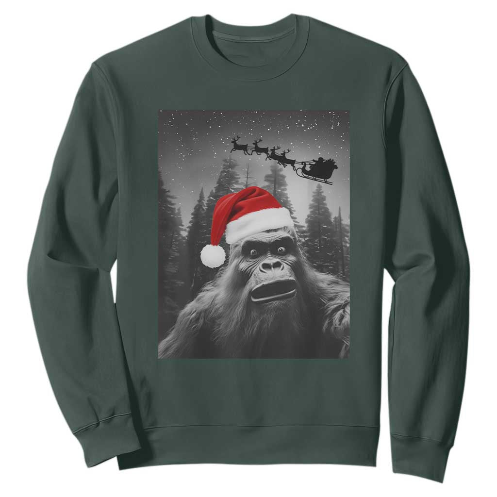 Funny Bigfoot Santas Sleigh Selfie Christmas Sweatshirt TS11 Dark Forest Green Print Your Wear
