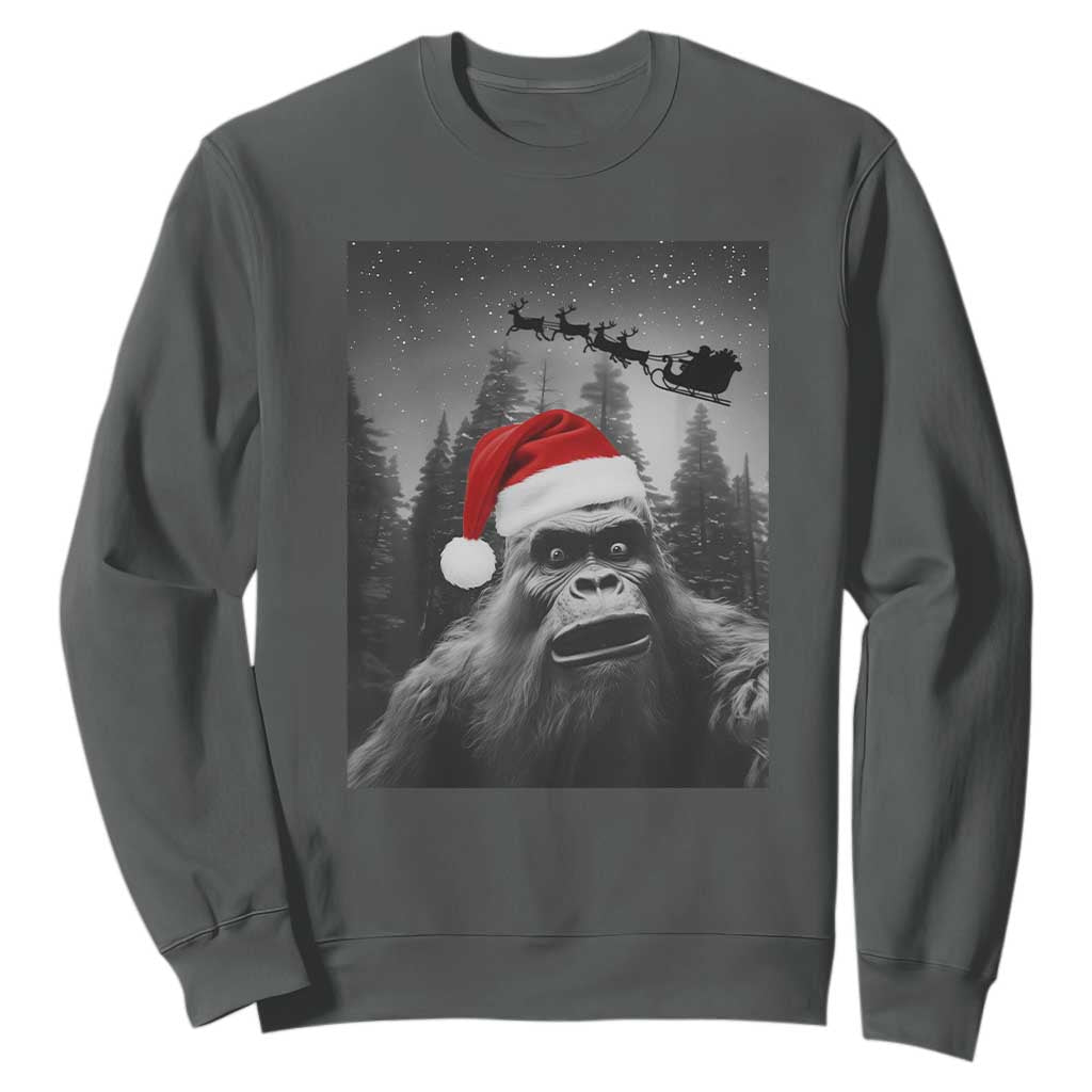 Funny Bigfoot Santas Sleigh Selfie Christmas Sweatshirt TS11 Dark Heather Print Your Wear