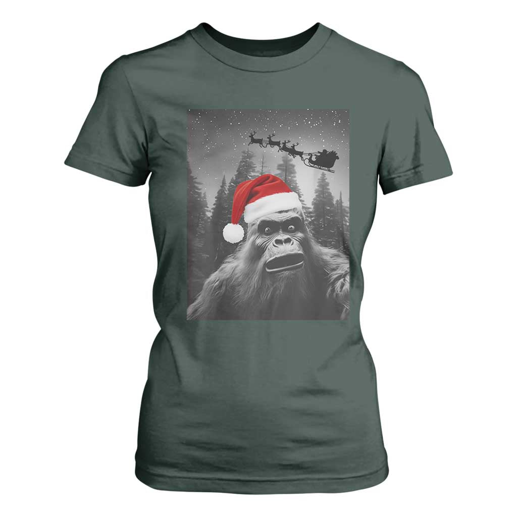 Funny Bigfoot Santas Sleigh Selfie Christmas T Shirt For Women TS11 Dark Forest Green Print Your Wear