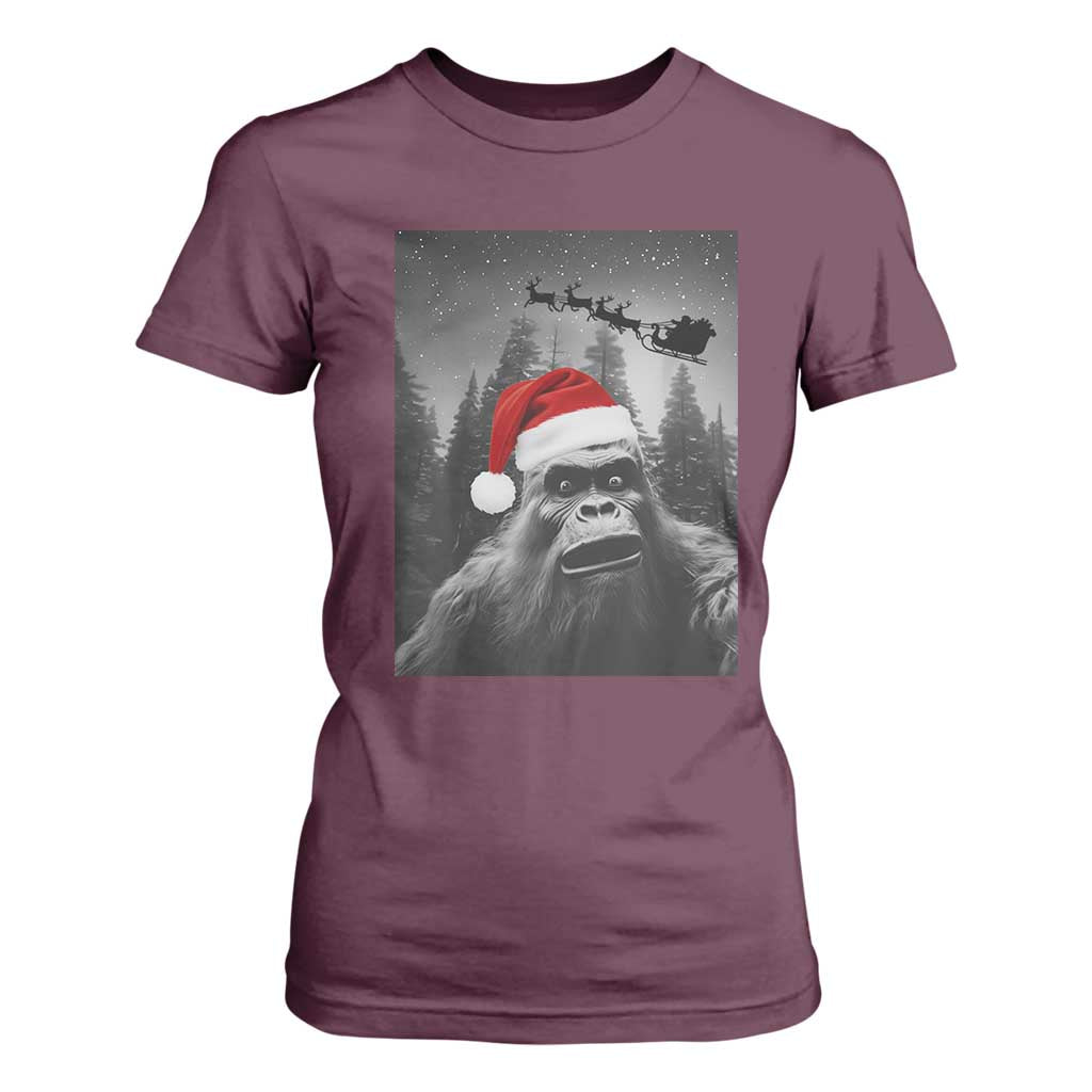 Funny Bigfoot Santas Sleigh Selfie Christmas T Shirt For Women TS11 Maroon Print Your Wear