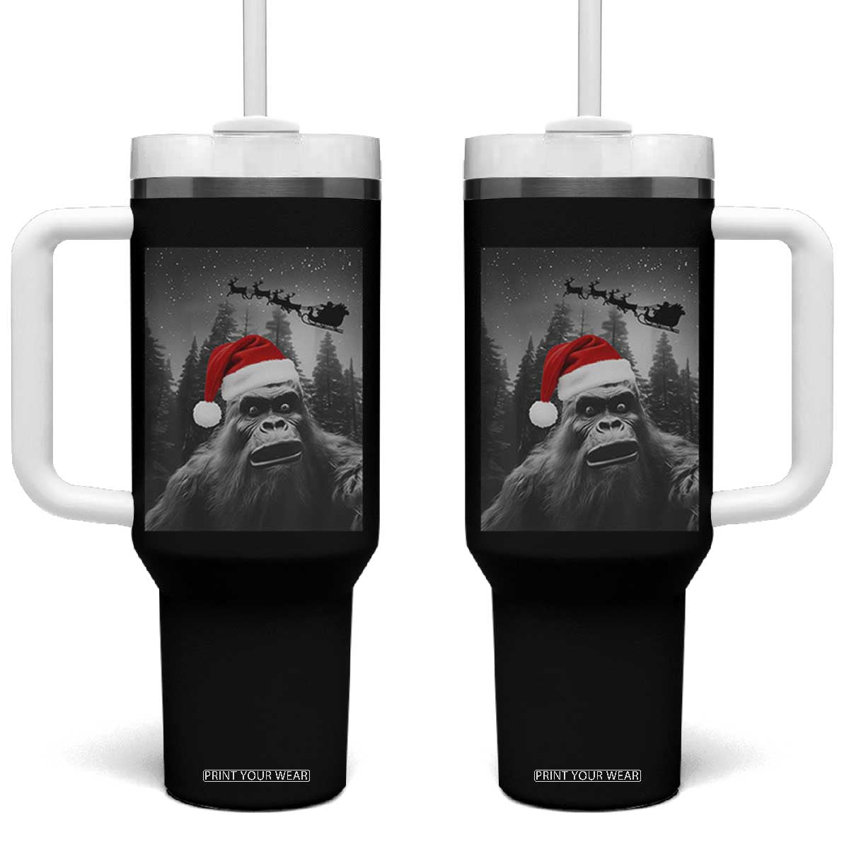 Funny Bigfoot Santas Sleigh Selfie Christmas Tumbler With Handle TS11 One Size: 40 oz Black Print Your Wear