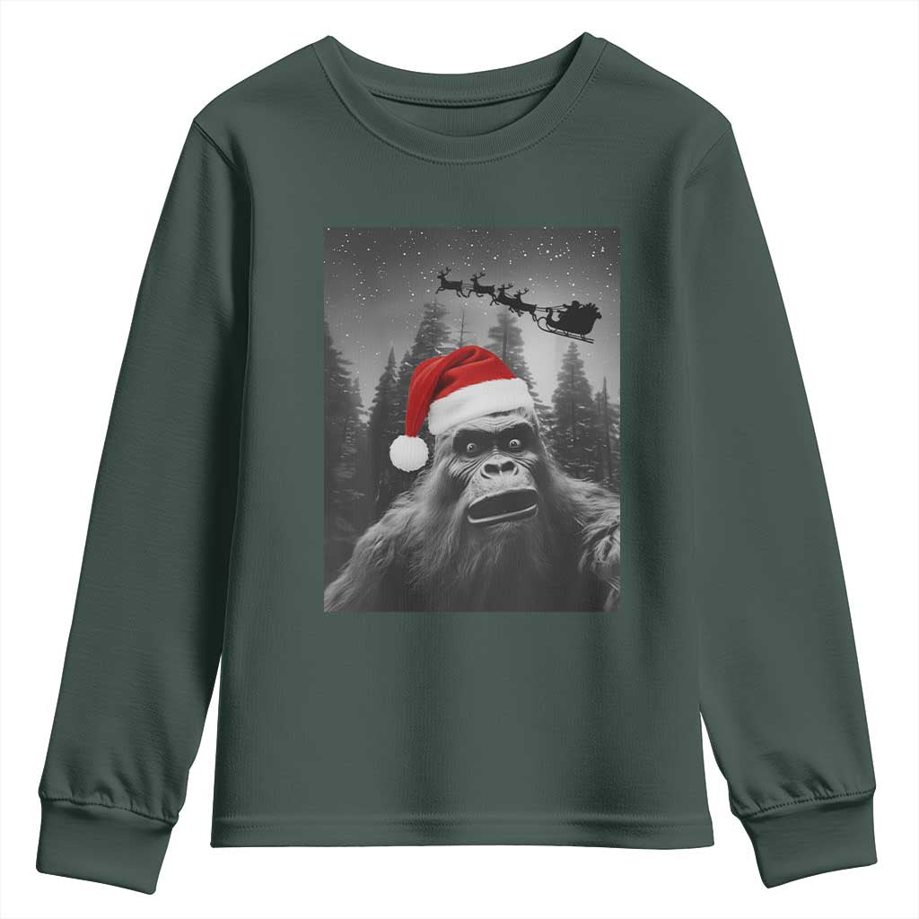 Funny Bigfoot Santas Sleigh Selfie Christmas Youth Sweatshirt TS11 Dark Forest Green Print Your Wear