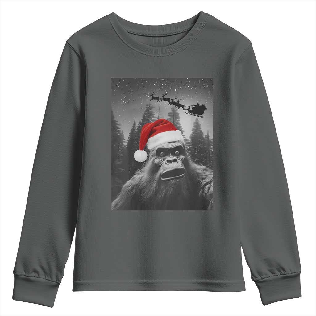 Funny Bigfoot Santas Sleigh Selfie Christmas Youth Sweatshirt TS11 Dark Heather Print Your Wear
