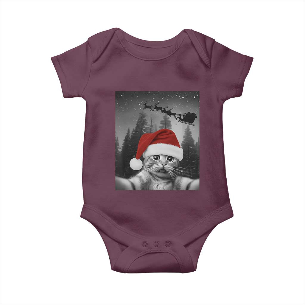 Funny Cat Selfie With Santas Sleigh Christmas Baby Onesie TS11 Maroon Print Your Wear