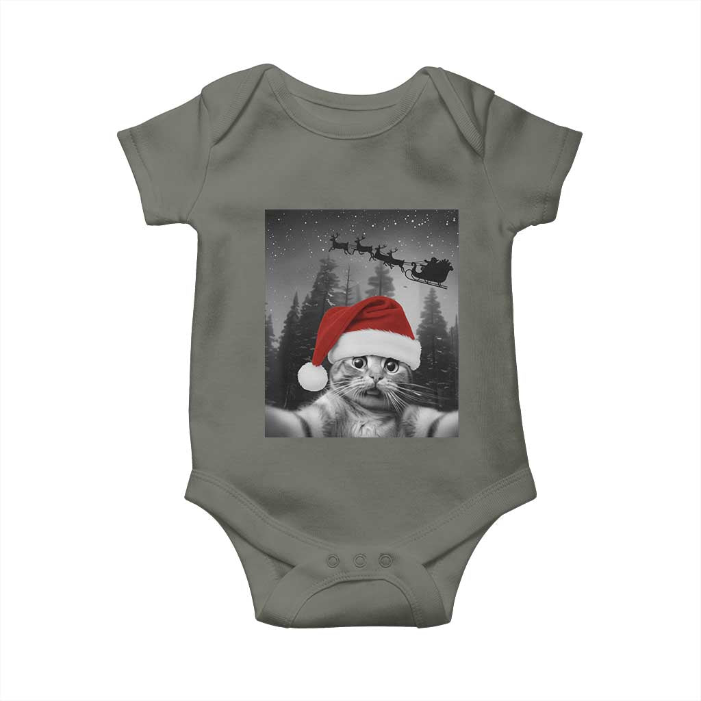 Funny Cat Selfie With Santas Sleigh Christmas Baby Onesie TS11 Military Green Print Your Wear