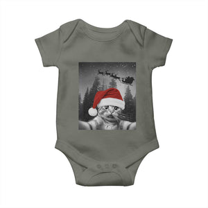 Funny Cat Selfie With Santas Sleigh Christmas Baby Onesie TS11 Military Green Print Your Wear