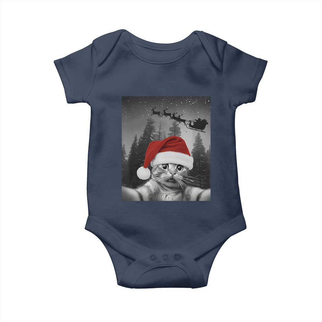 Funny Cat Selfie With Santas Sleigh Christmas Baby Onesie TS11 Navy Print Your Wear