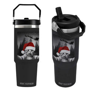 Funny Cat Selfie With Santas Sleigh Christmas Flip Straw Tumbler TS11 One Size: 30 oz Black Print Your Wear
