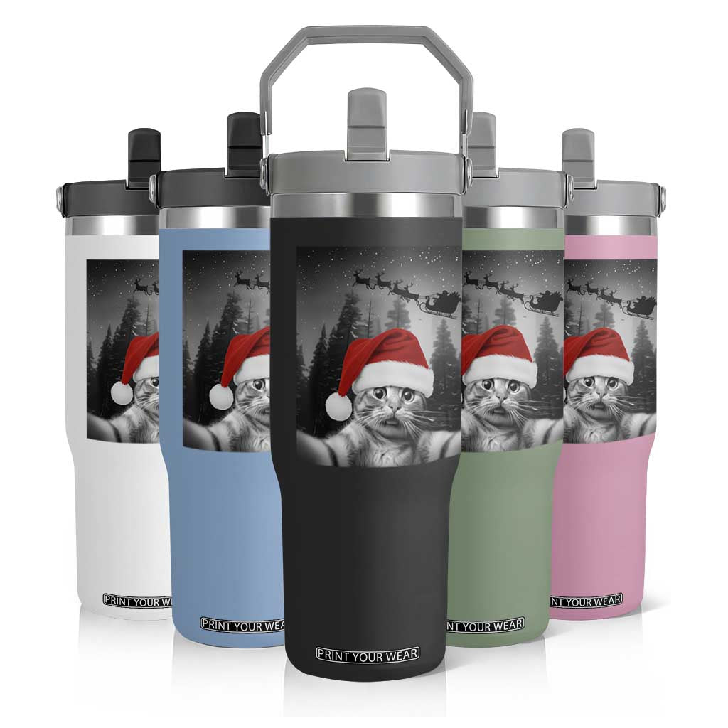 Funny Cat Selfie With Santas Sleigh Christmas Flip Straw Tumbler TS11 Print Your Wear