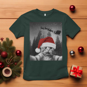 Funny Cat Selfie With Santas Sleigh Christmas T Shirt TS11 Dark Forest Green Print Your Wear