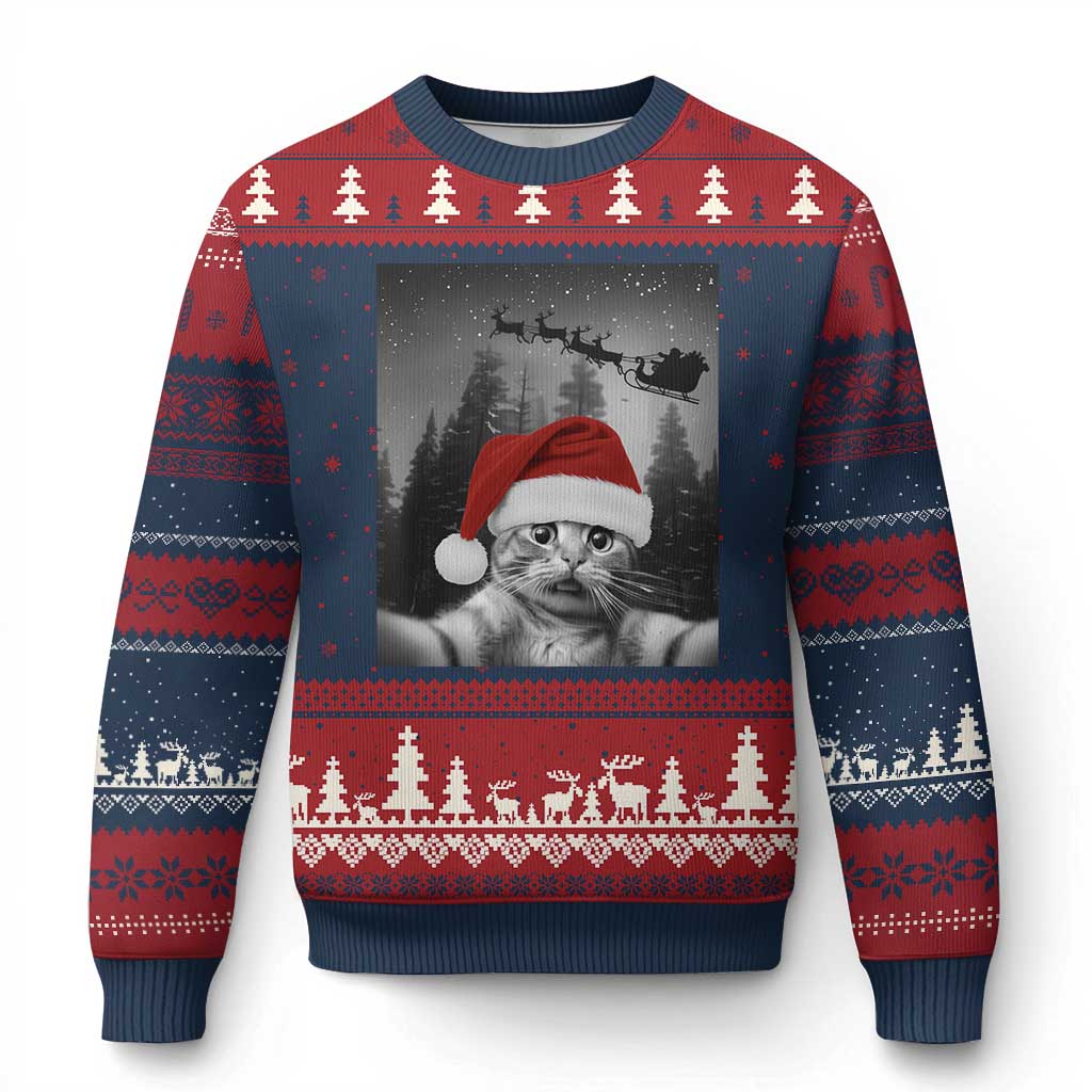 Funny Cat Selfie With Santas Sleigh Christmas Ugly Christmas Sweater TS11 Navy Red Print Your Wear