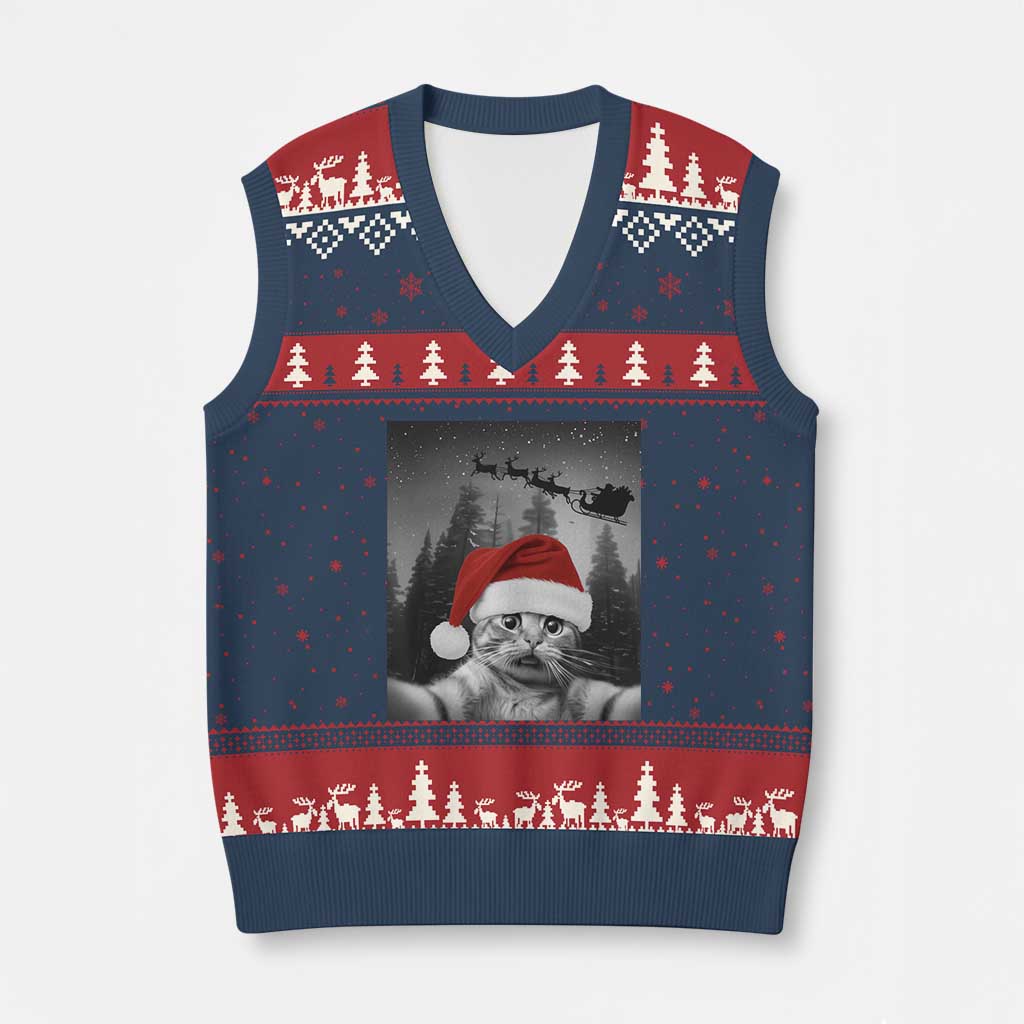Funny Cat Selfie With Santas Sleigh Christmas V-Neck Knit Sweater Vest TS11 Navy Red Print Your Wear