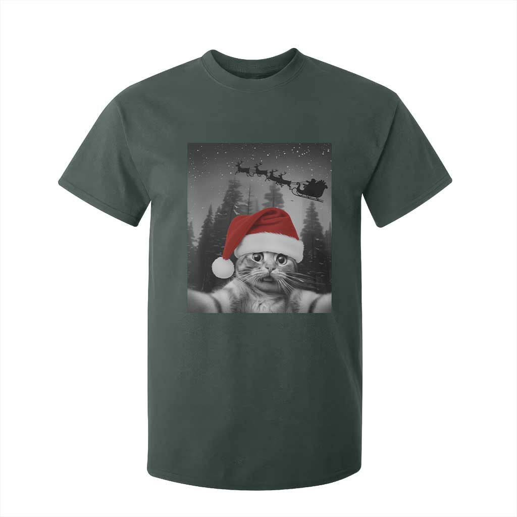 Funny Cat Selfie With Santas Sleigh Christmas T Shirt For Kid TS11 Dark Forest Green Print Your Wear