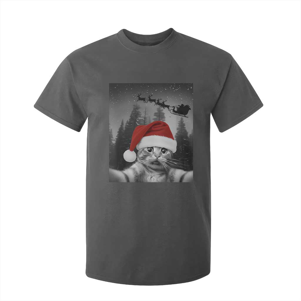 Funny Cat Selfie With Santas Sleigh Christmas T Shirt For Kid TS11 Dark Heather Print Your Wear