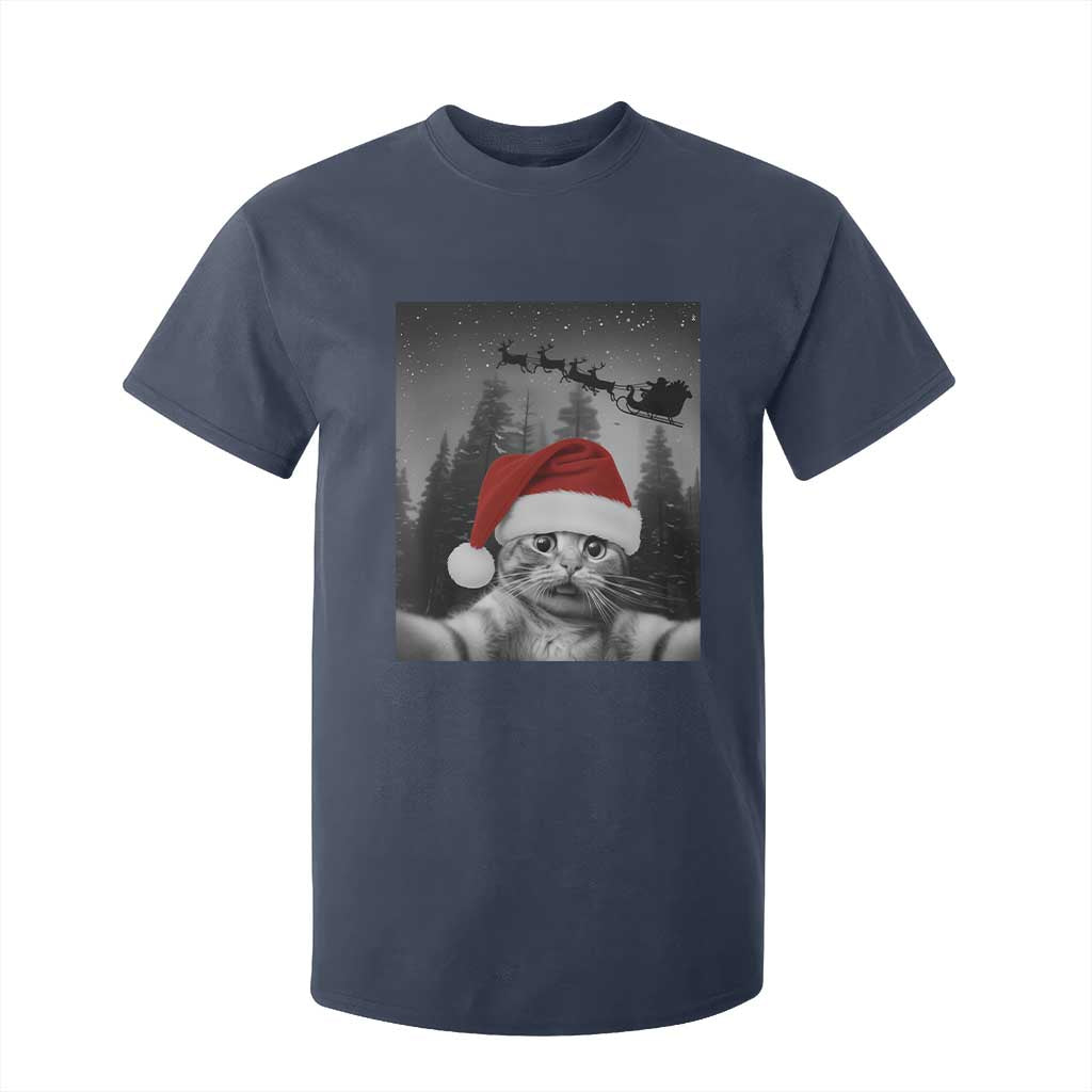 Funny Cat Selfie With Santas Sleigh Christmas T Shirt For Kid TS11 Navy Print Your Wear