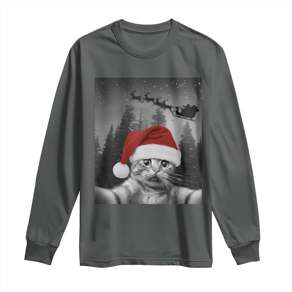 Funny Cat Selfie With Santas Sleigh Christmas Long Sleeve Shirt TS11 Dark Heather Print Your Wear