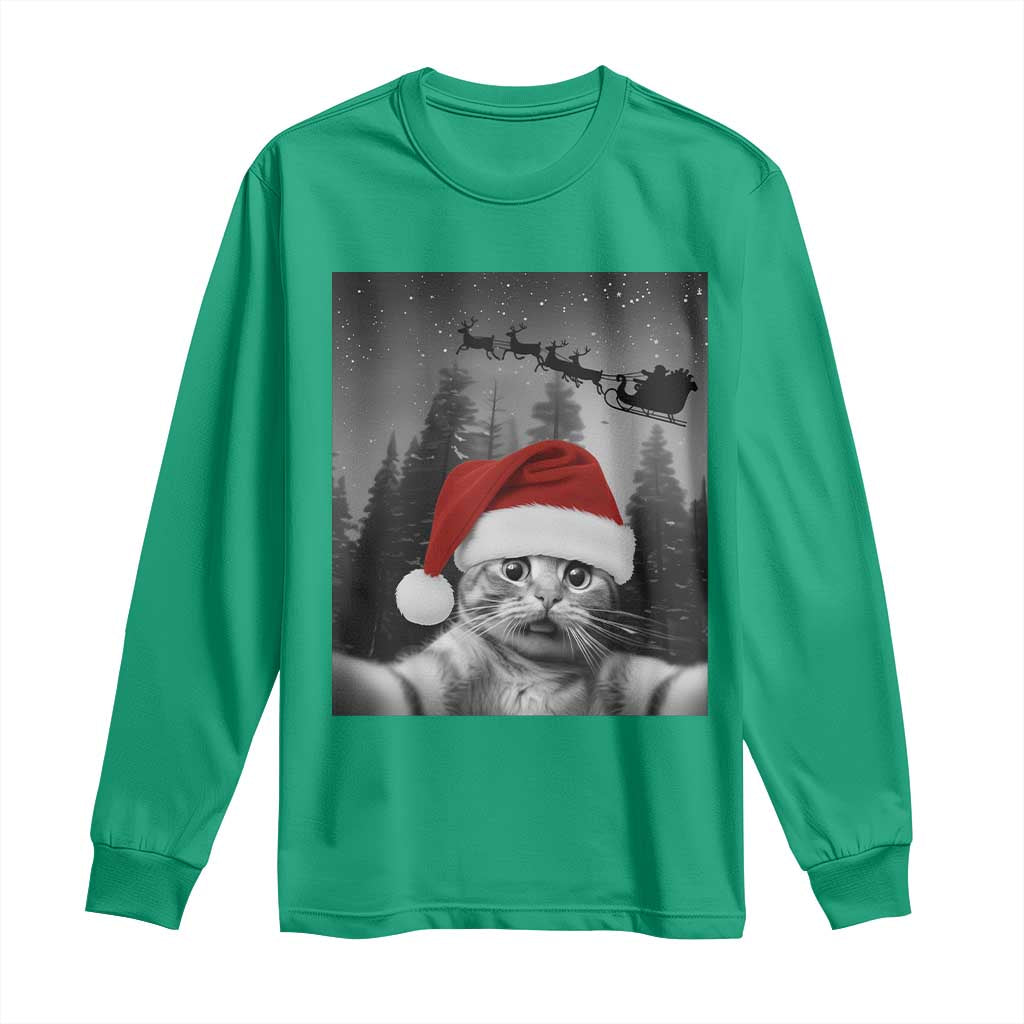 Funny Cat Selfie With Santas Sleigh Christmas Long Sleeve Shirt TS11 Irish Green Print Your Wear
