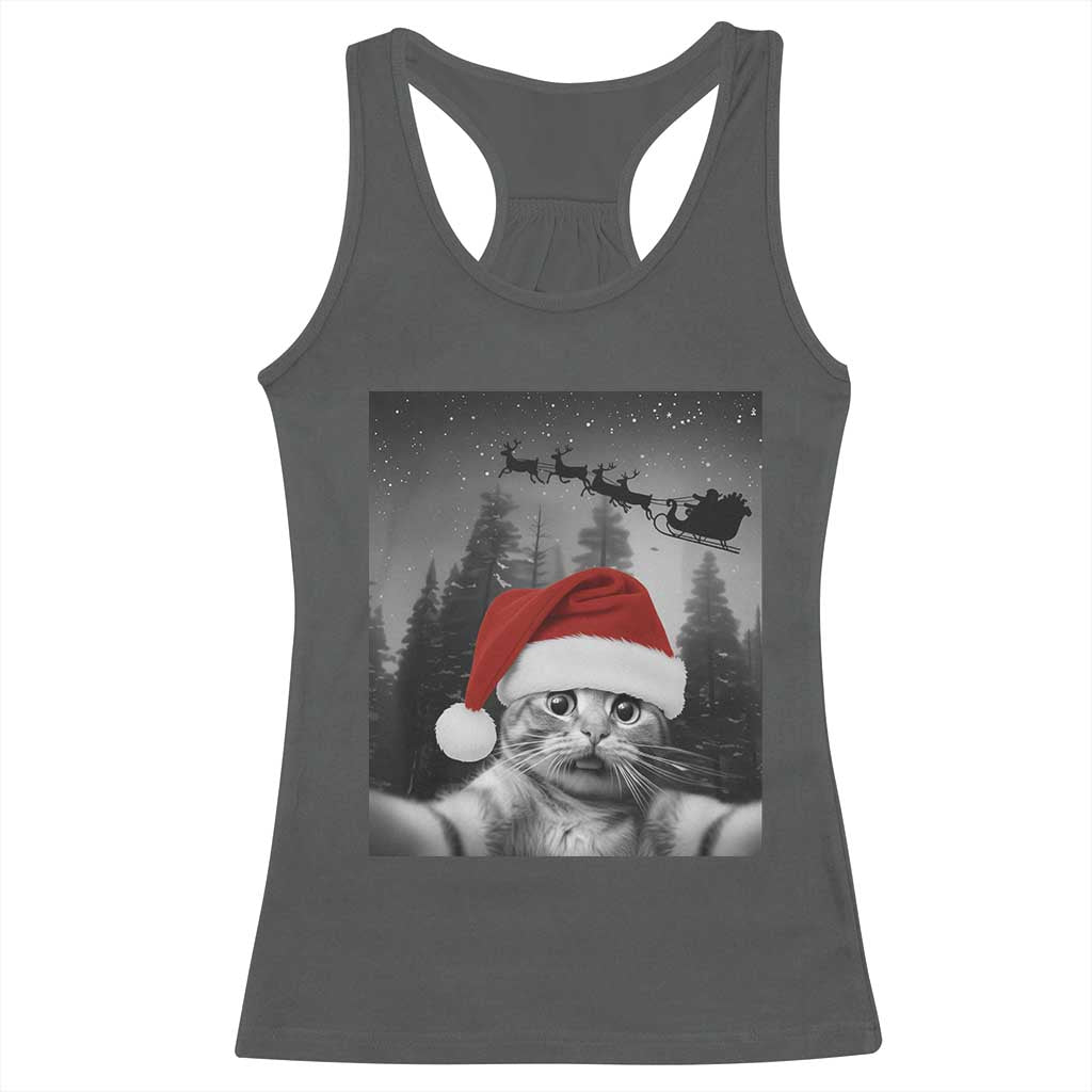 Funny Cat Selfie With Santas Sleigh Christmas Racerback Tank Top TS11 Dark Heather Print Your Wear
