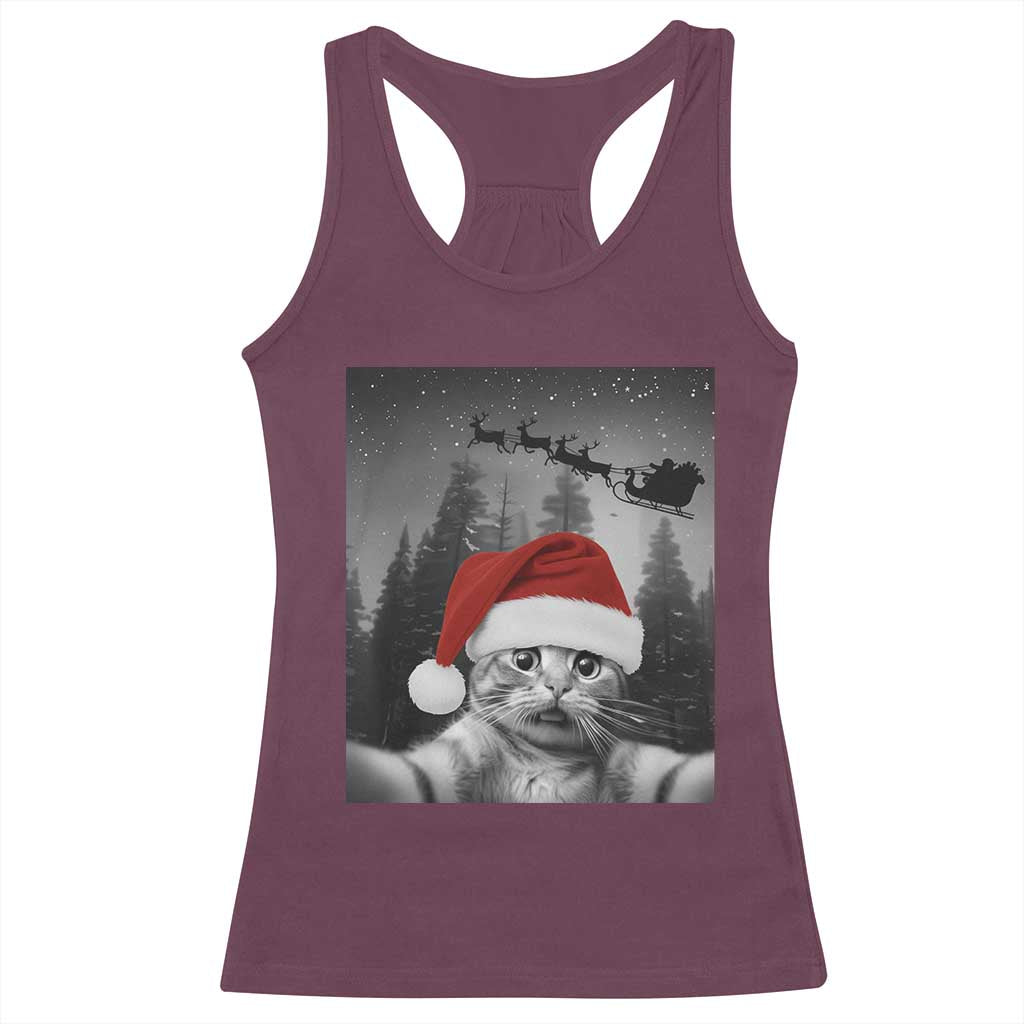 Funny Cat Selfie With Santas Sleigh Christmas Racerback Tank Top TS11 Maroon Print Your Wear