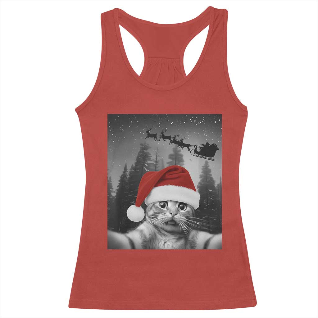 Funny Cat Selfie With Santas Sleigh Christmas Racerback Tank Top TS11 Red Print Your Wear