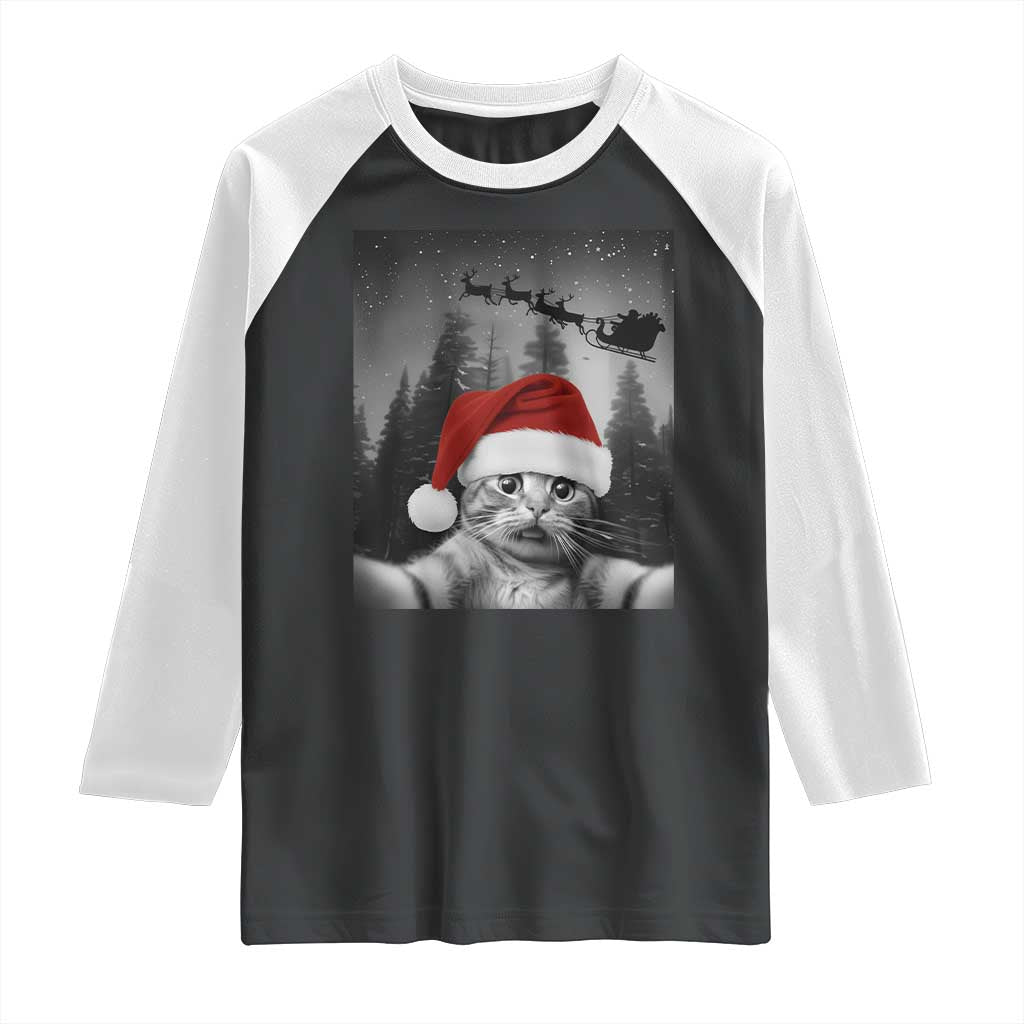 Funny Cat Selfie With Santas Sleigh Christmas Raglan Shirt TS11 Black White Print Your Wear