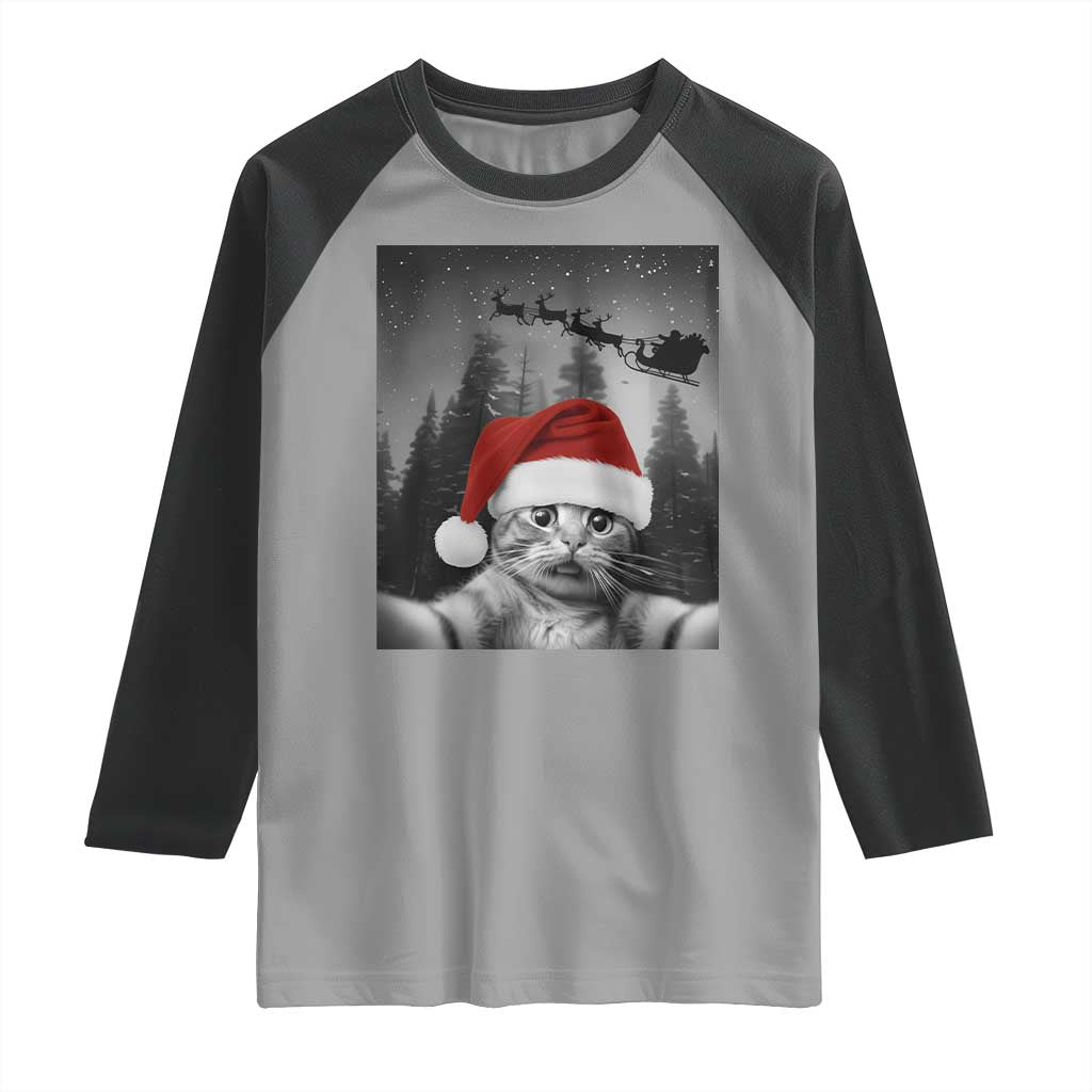 Funny Cat Selfie With Santas Sleigh Christmas Raglan Shirt TS11 Sport Gray Black Print Your Wear