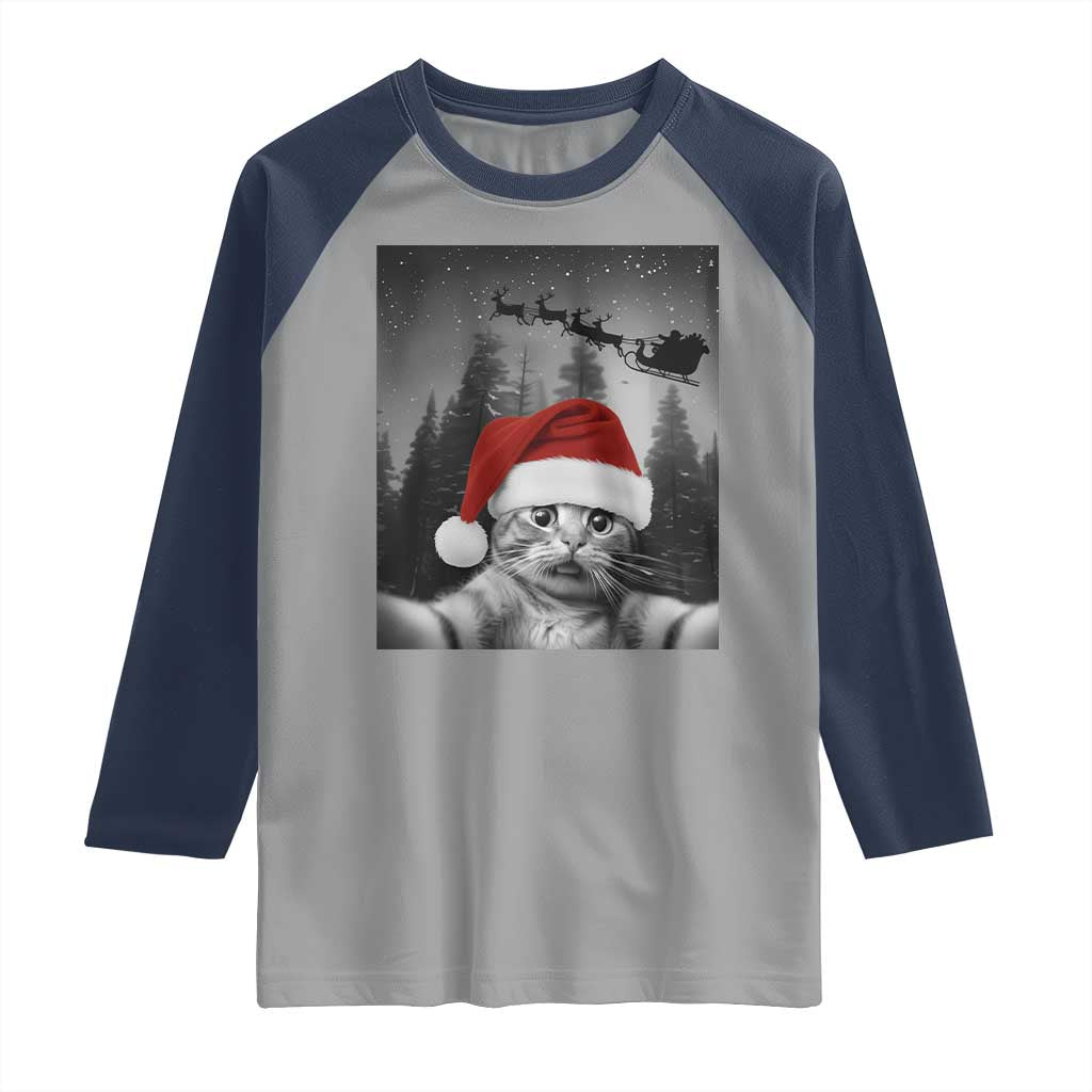 Funny Cat Selfie With Santas Sleigh Christmas Raglan Shirt TS11 Sport Gray Navy Print Your Wear