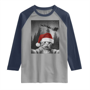 Funny Cat Selfie With Santas Sleigh Christmas Raglan Shirt TS11 Sport Gray Navy Print Your Wear