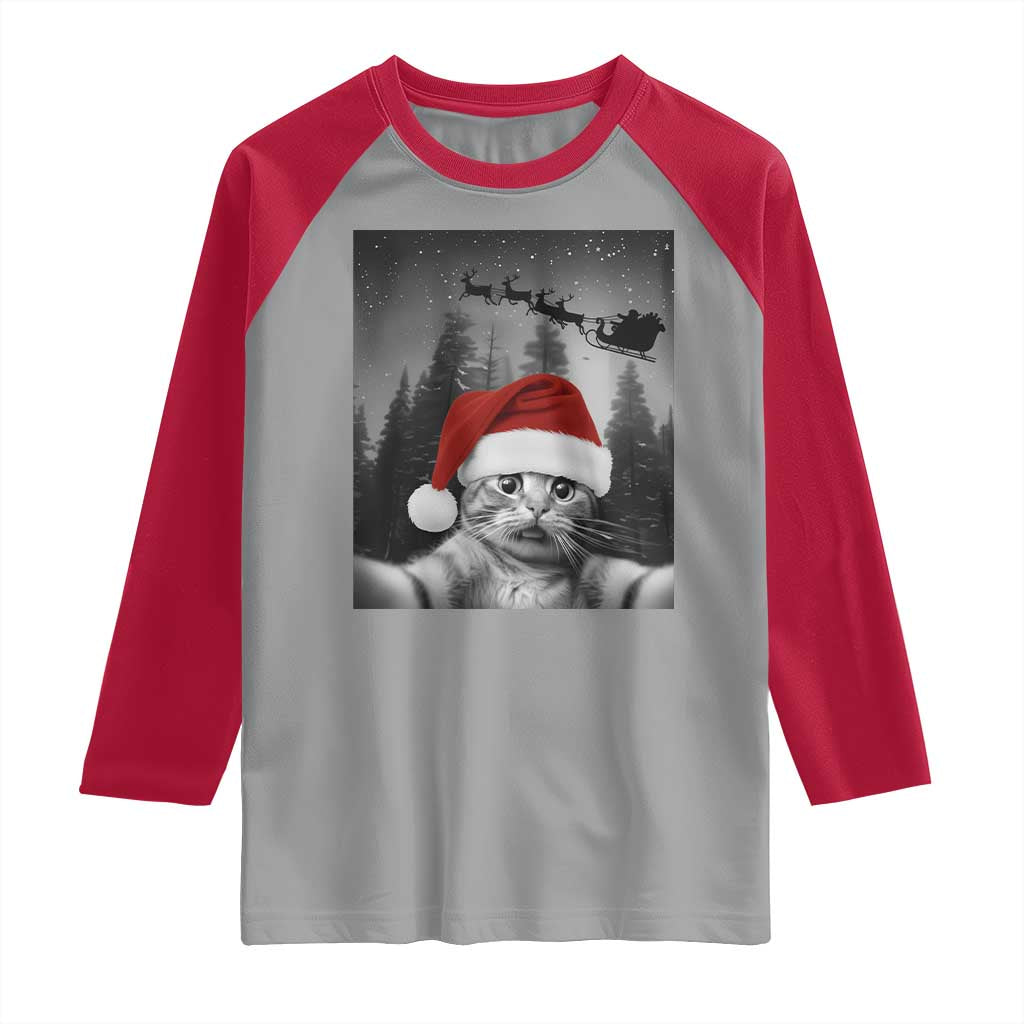 Funny Cat Selfie With Santas Sleigh Christmas Raglan Shirt TS11 Sport Gray Red Print Your Wear