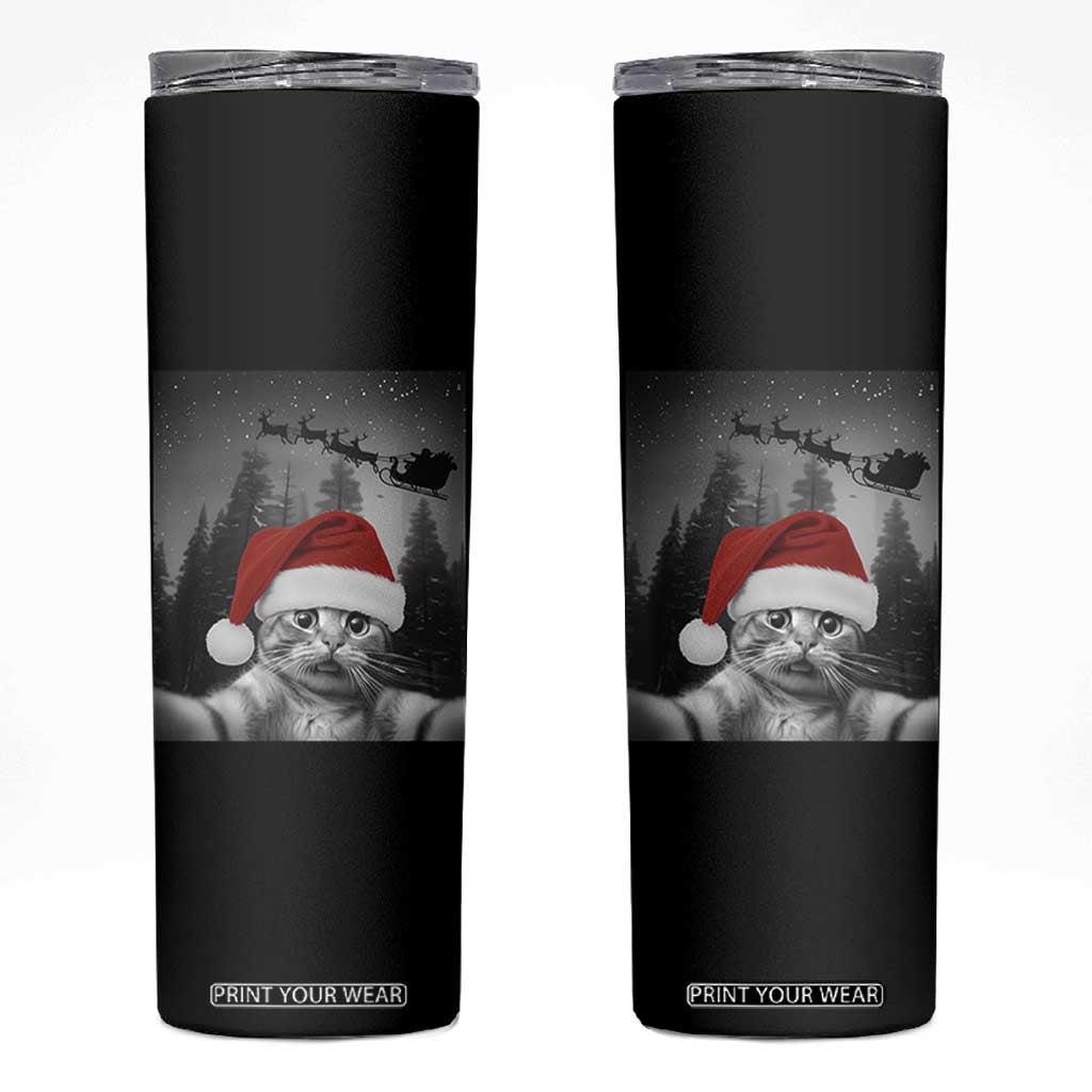 Funny Cat Selfie With Santas Sleigh Christmas Skinny Tumbler TS11 Black Print Your Wear