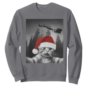 Funny Cat Selfie With Santas Sleigh Christmas Sweatshirt TS11 Charcoal Print Your Wear