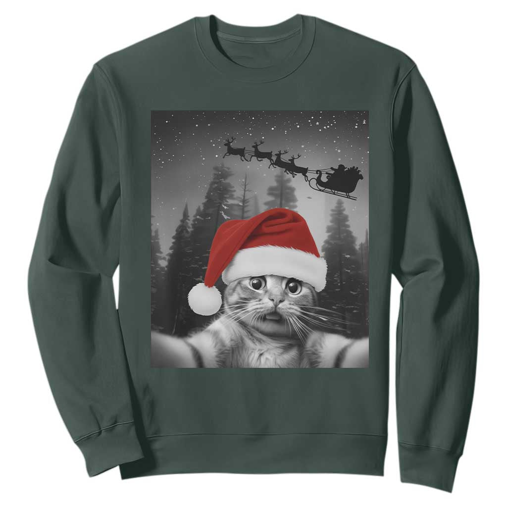 Funny Cat Selfie With Santas Sleigh Christmas Sweatshirt TS11 Dark Forest Green Print Your Wear