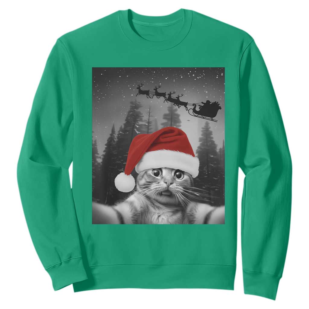 Funny Cat Selfie With Santas Sleigh Christmas Sweatshirt TS11 Irish Green Print Your Wear