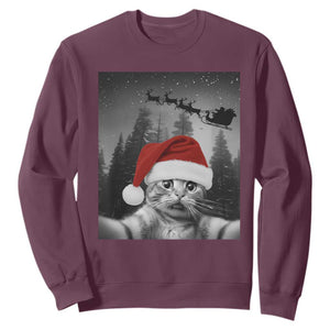 Funny Cat Selfie With Santas Sleigh Christmas Sweatshirt TS11 Maroon Print Your Wear