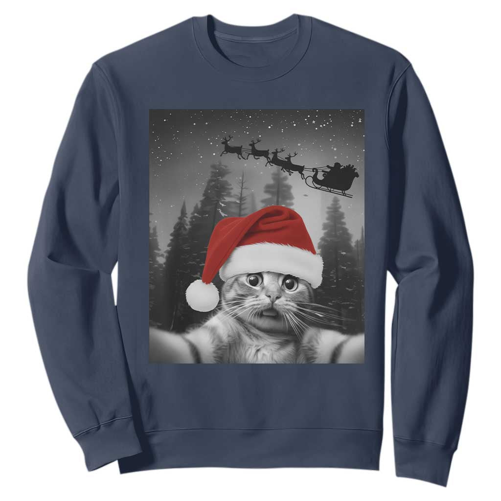 Funny Cat Selfie With Santas Sleigh Christmas Sweatshirt TS11 Navy Print Your Wear
